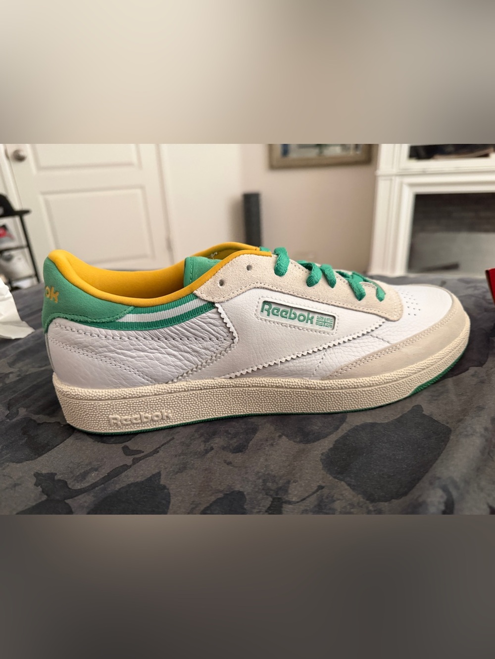 Reebok White Leather Sneakers with Green and Yellow Accents